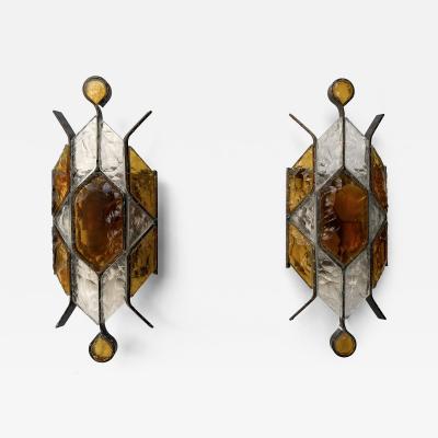  Longobard Pair of Hammered Glass Wrought Iron Sconces by Longobard Italy 1970s