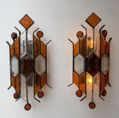Longobard Pair of Hammered Glass Wrought Iron Sconces by Longobard Italy 1970s