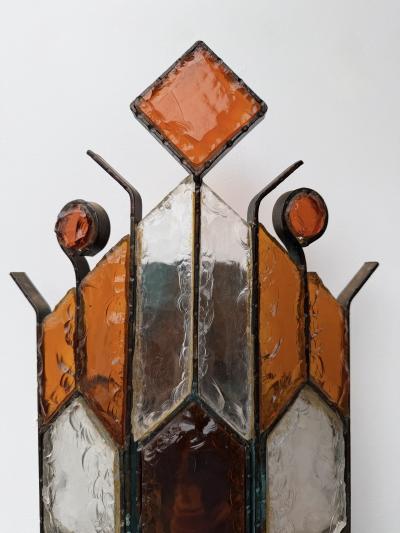 Longobard Pair of Hammered Glass Wrought Iron Sconces by Longobard Italy 1970s