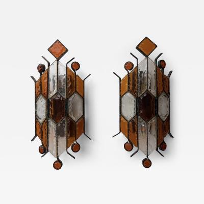 Longobard Pair of Hammered Glass Wrought Iron Sconces by Longobard Italy 1970s