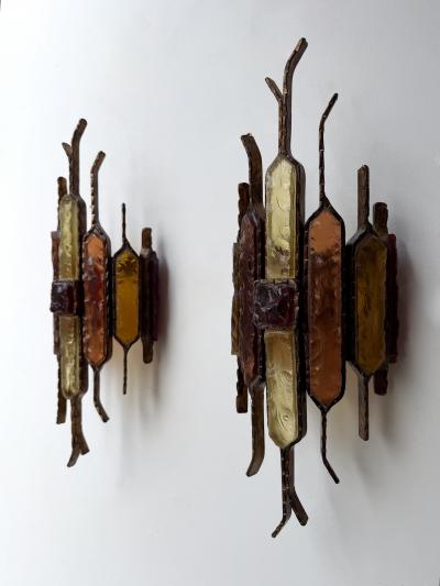  Longobard Pair of Hammered Glass Wrought Iron Sconces by Longobard Italy 1970s