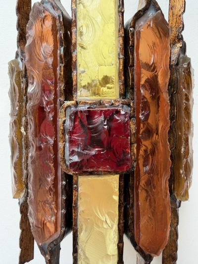  Longobard Pair of Hammered Glass Wrought Iron Sconces by Longobard Italy 1970s