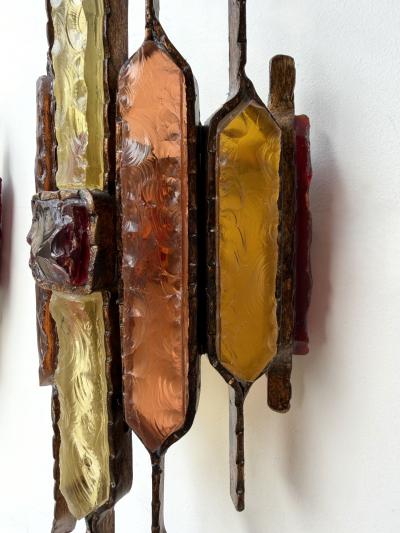  Longobard Pair of Hammered Glass Wrought Iron Sconces by Longobard Italy 1970s