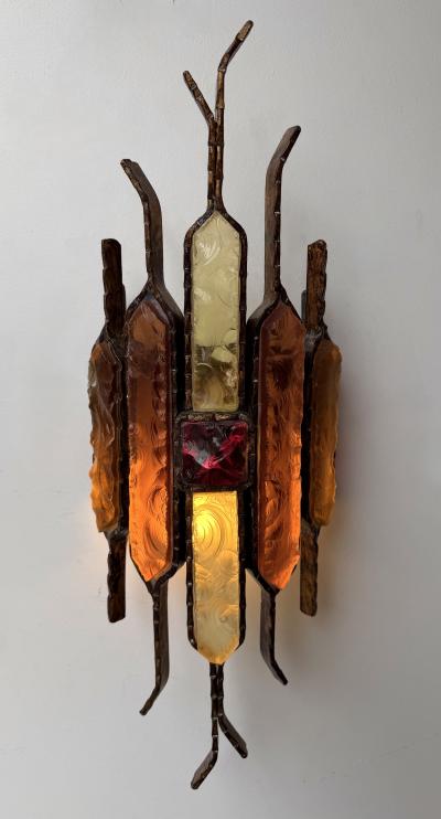  Longobard Pair of Hammered Glass Wrought Iron Sconces by Longobard Italy 1970s