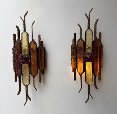  Longobard Pair of Hammered Glass Wrought Iron Sconces by Longobard Italy 1970s