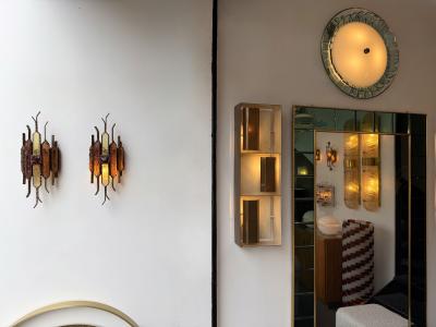  Longobard Pair of Hammered Glass Wrought Iron Sconces by Longobard Italy 1970s