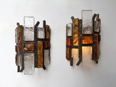  Longobard Pair of Hammered Glass Wrought Iron Sconces by Longobard Italy 1970s