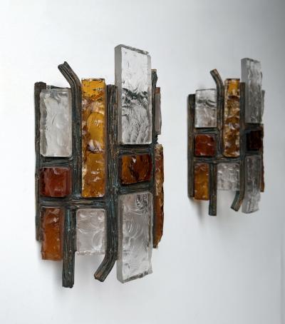  Longobard Pair of Hammered Glass Wrought Iron Sconces by Longobard Italy 1970s