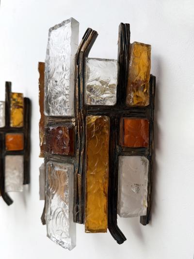  Longobard Pair of Hammered Glass Wrought Iron Sconces by Longobard Italy 1970s