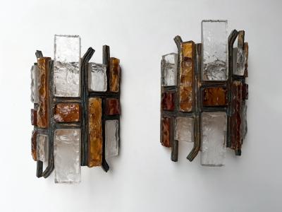  Longobard Pair of Hammered Glass Wrought Iron Sconces by Longobard Italy 1970s