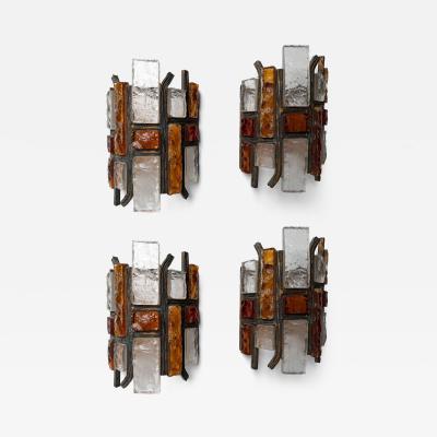  Longobard Pair of Hammered Glass Wrought Iron Sconces by Longobard Italy 1970s