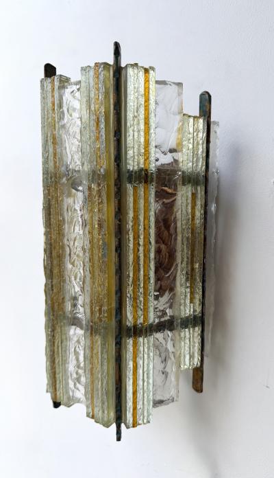  Longobard Pair of Hammered Glass Wrought Iron Sconces by Longobard Italy 1970s