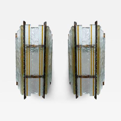  Longobard Pair of Hammered Glass Wrought Iron Sconces by Longobard Italy 1970s