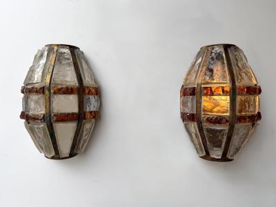  Longobard Pair of Hammered Glass Wrought Iron Sconces by Longobard Italy 1970s