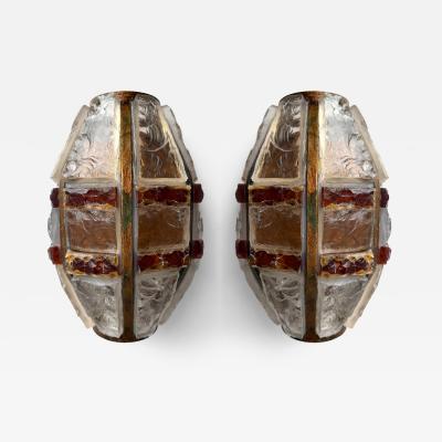  Longobard Pair of Hammered Glass Wrought Iron Sconces by Longobard Italy 1970s