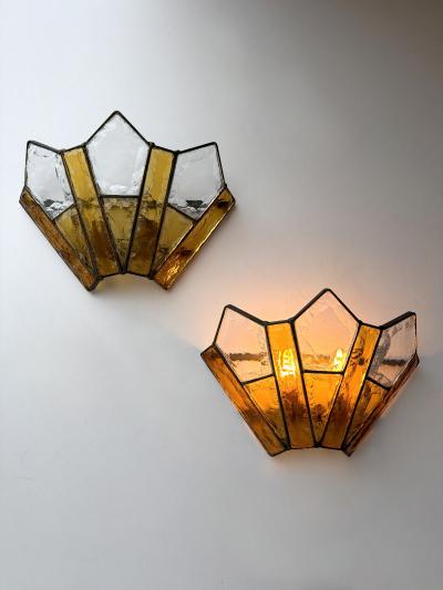  Longobard Pair of Hammered Glass Wrought Iron Sconces by Longobard Italy 1970s