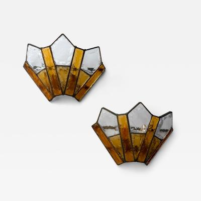  Longobard Pair of Hammered Glass Wrought Iron Sconces by Longobard Italy 1970s