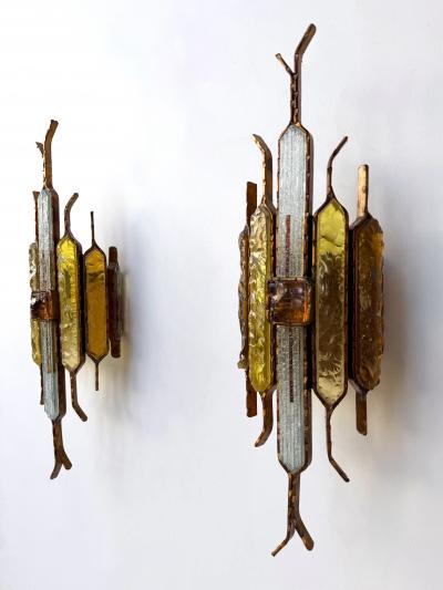  Longobard Pair of Hammered Glass Wrought Iron Sconces by Longobard Italy 1970s