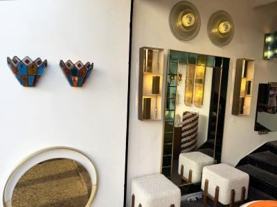  Longobard Pair of Hammered Glass Wrought Iron Sconces by Longobard Italy 1970s