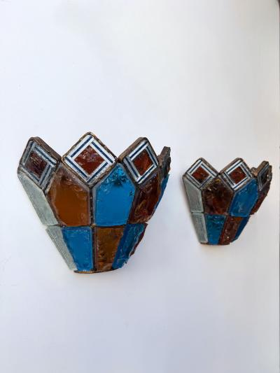  Longobard Pair of Hammered Glass Wrought Iron Sconces by Longobard Italy 1970s