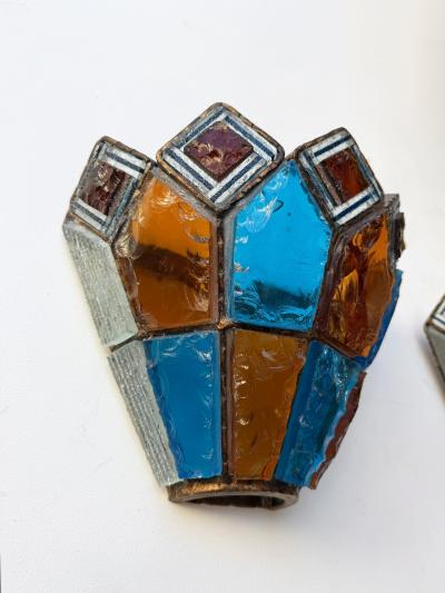  Longobard Pair of Hammered Glass Wrought Iron Sconces by Longobard Italy 1970s