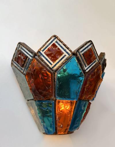  Longobard Pair of Hammered Glass Wrought Iron Sconces by Longobard Italy 1970s