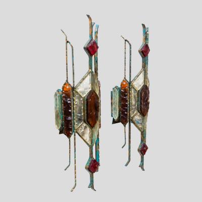  Longobard Pair of Hammered Glass on wrought Wall Lights By Longobard