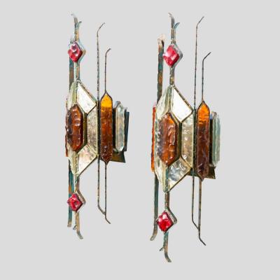  Longobard Pair of Hammered Glass on wrought Wall Lights By Longobard