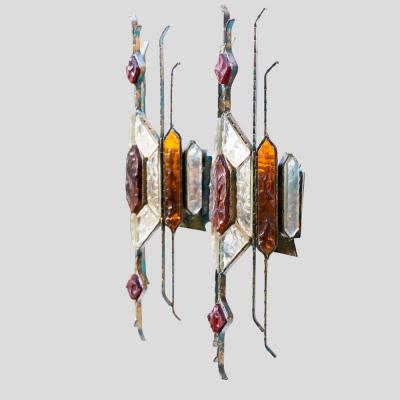  Longobard Pair of Hammered Glass on wrought Wall Lights By Longobard