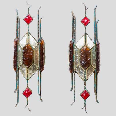  Longobard Pair of Hammered Glass on wrought Wall Lights By Longobard