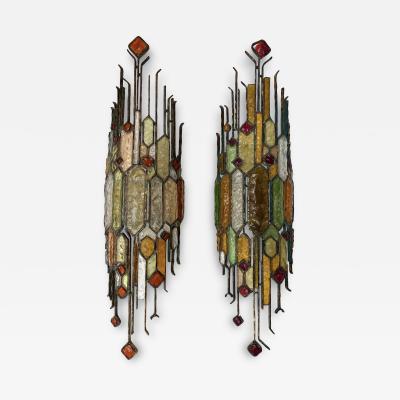  Longobard Pair of Large Hammered Glass Wrought Iron Sconces by Longobard Italy 1970s