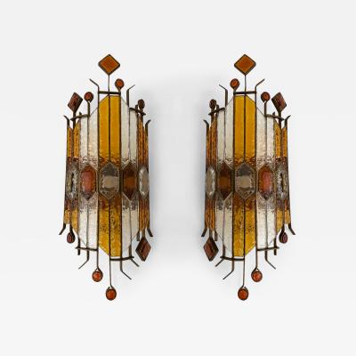  Longobard Pair of Large Hammered Glass Wrought Iron Sconces by Longobard Italy 1970s