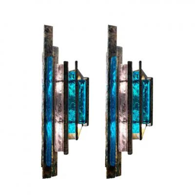  Longobard Pair of Longobard Blue Amethyst Hammered Murano Glass and Wrought Iron Sconces