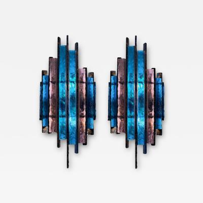  Longobard Pair of Longobard Blue Amethyst Hammered Murano Glass and Wrought Iron Sconces