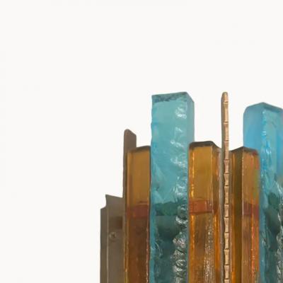  Longobard Pair of Longobard Turquoise and Amber Hammered Murano Glass and Iron Sconces