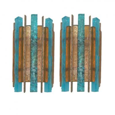  Longobard Pair of Longobard Turquoise and Amber Hammered Murano Glass and Iron Sconces