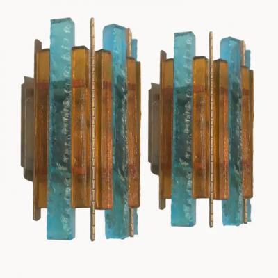  Longobard Pair of Longobard Turquoise and Amber Hammered Murano Glass and Iron Sconces