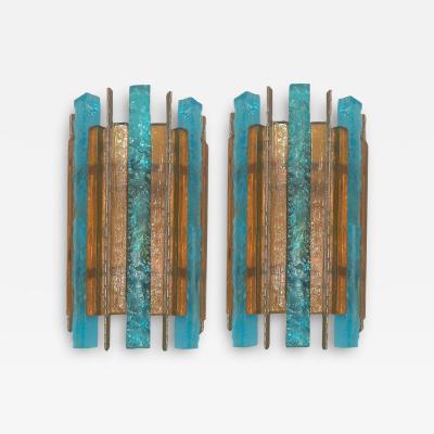  Longobard Pair of Longobard Turquoise and Amber Hammered Murano Glass and Iron Sconces