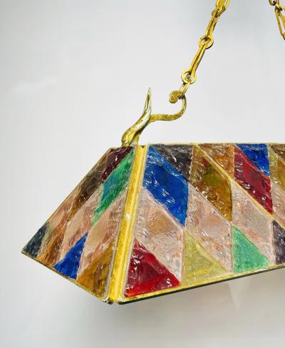  Longobard Wrought Iron Hammered Glass Chandelier by Longobard Italy 1970s