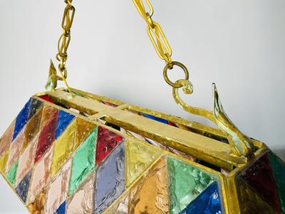  Longobard Wrought Iron Hammered Glass Chandelier by Longobard Italy 1970s