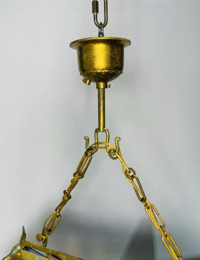  Longobard Wrought Iron Hammered Glass Chandelier by Longobard Italy 1970s