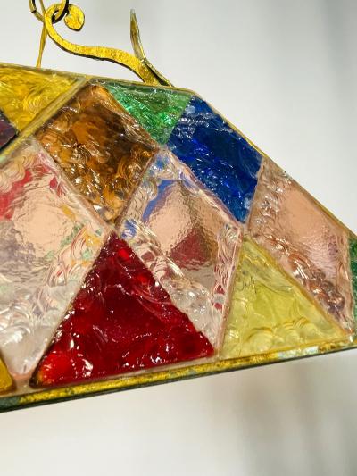  Longobard Wrought Iron Hammered Glass Chandelier by Longobard Italy 1970s