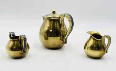  Los Castillo 1950s Los Castillo Taxco Brass Stone Inlaid Tea Set Mexican Modernism