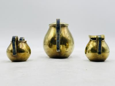  Los Castillo 1950s Los Castillo Taxco Brass Stone Inlaid Tea Set Mexican Modernism