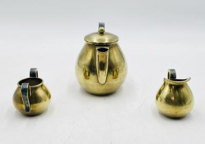  Los Castillo 1950s Los Castillo Taxco Brass Stone Inlaid Tea Set Mexican Modernism