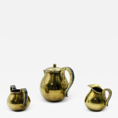  Los Castillo 1950s Los Castillo Taxco Brass Stone Inlaid Tea Set Mexican Modernism