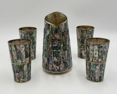  Los Castillo 1960s Mexican Abalone Inlay Alpaca Silver Pitcher 4 Tumblers Barware Set