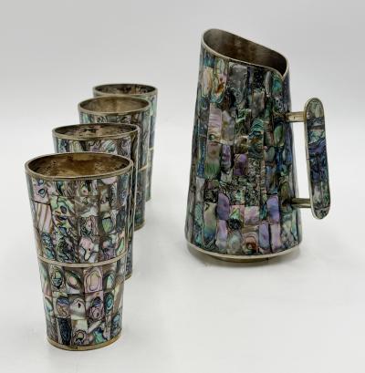  Los Castillo 1960s Mexican Abalone Inlay Alpaca Silver Pitcher 4 Tumblers Barware Set