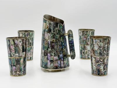  Los Castillo 1960s Mexican Abalone Inlay Alpaca Silver Pitcher 4 Tumblers Barware Set