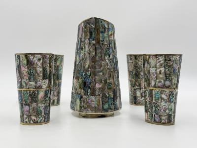  Los Castillo 1960s Mexican Abalone Inlay Alpaca Silver Pitcher 4 Tumblers Barware Set